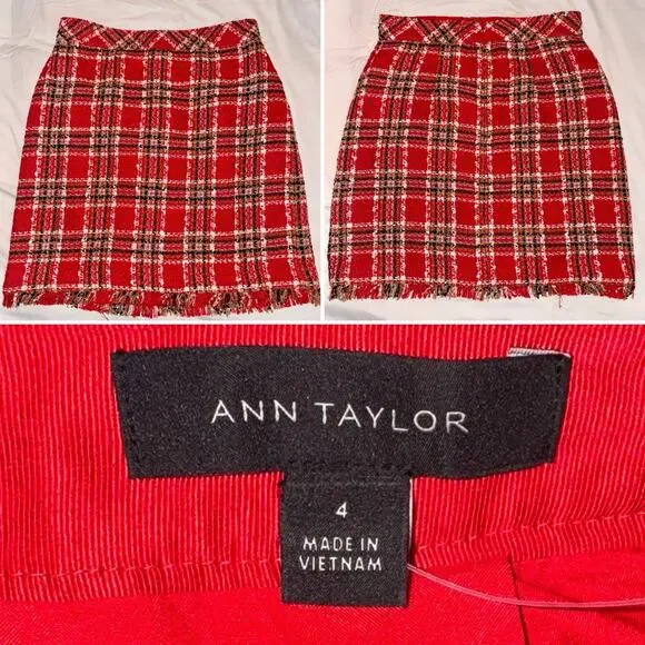 Ann Taylor Plaid Fringe Tweed Skirt Classic Red 578511 Sz 4 Top Of Knee NWOT - Picture 1 of 16